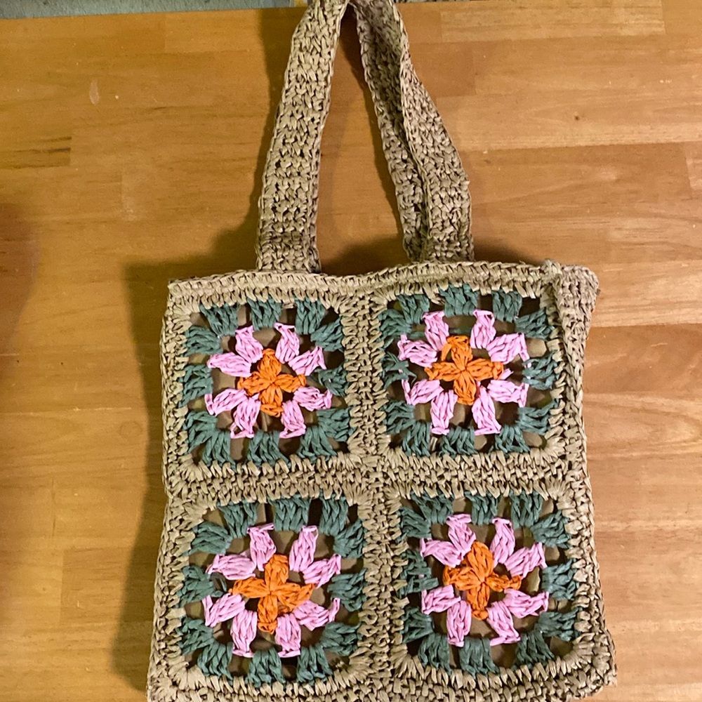 Straw  Paper Floral Square Patchwork Tote or Purse NWOT Spring Summer 70’s